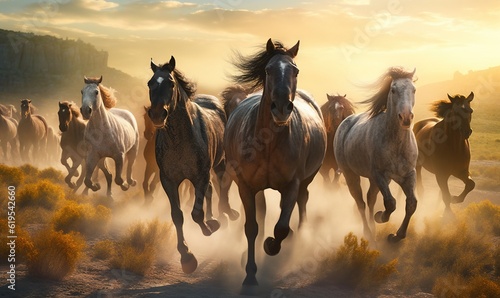  a group of horses running through a field of grass at sunset.  generative ai