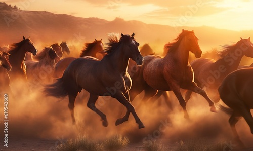  a herd of horses running across a dusty field at sunset.  generative ai