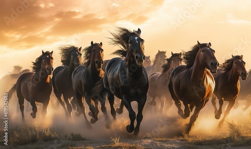  a herd of horses running across a dry grass field under a cloudy sky. generative ai
