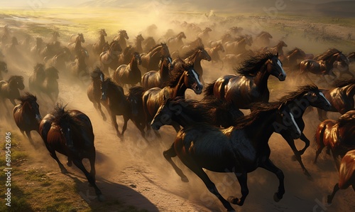  a large group of horses running down a dirt road in the wild. generative ai
