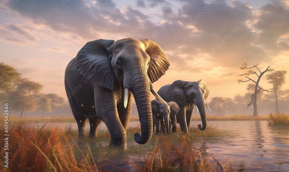  a painting of a family of elephants walking in the grass.  generative ai
