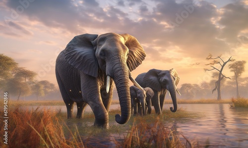  a painting of a family of elephants walking in the grass. generative ai