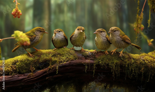  a group of birds sitting on a mossy branch in a forest. generative ai