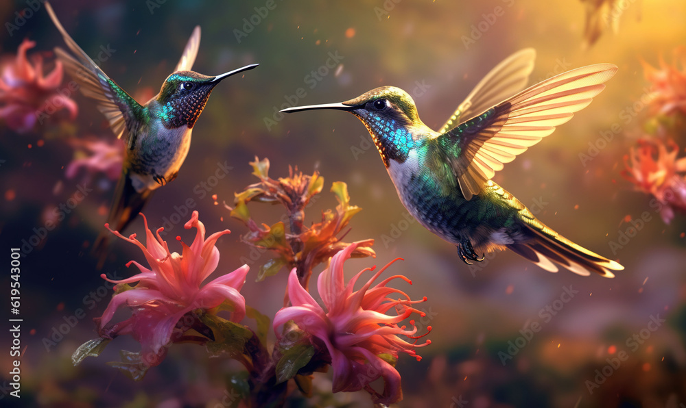 Obraz premium a couple of hummingbirds flying next to a bunch of flowers. generative ai