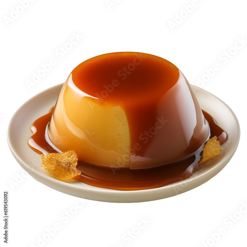 Pudim de Leite - Brazilian flan topped with caramel sauce. Milk pudding Brazil. Vanilla pudim with caramel sauce on the decorated scene, transparent background, created with Generative AI technology. photo