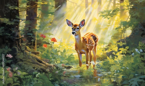 Fotografering a painting of a deer standing in a forest with flowers