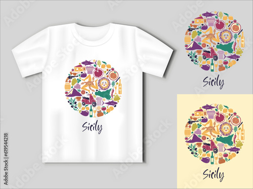 Set of icons on a theme of Sicily in the form of a circle. Travel concept with t-shirt mockup