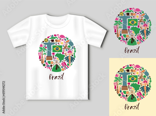 Brazilian icons in the form of a circle. Travel concept with t-shirt mockup photo
