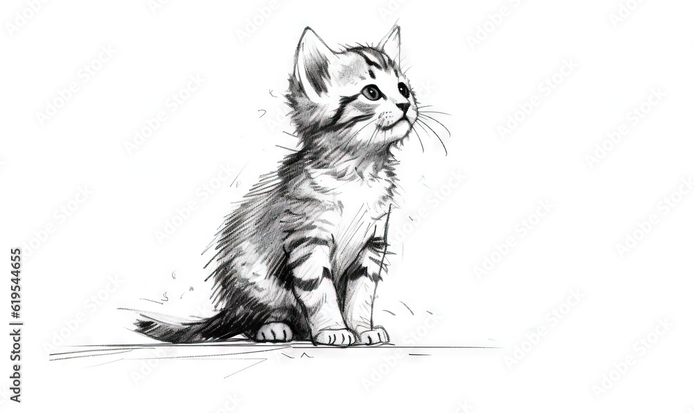 Obraz premium a black and white drawing of a kitten sitting on the ground. generative ai