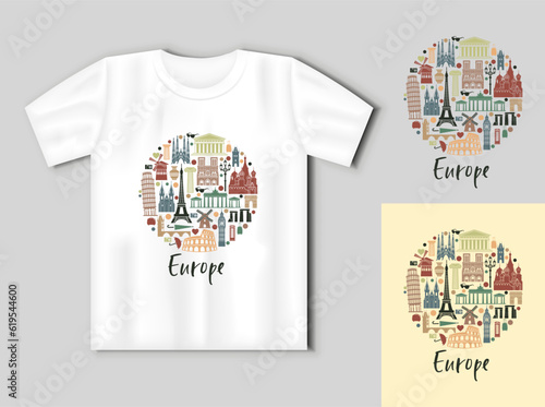 Collection of Europe detailed silhouettes. Set Travel Landmarks in the form of a circle with t-shirt mockup.