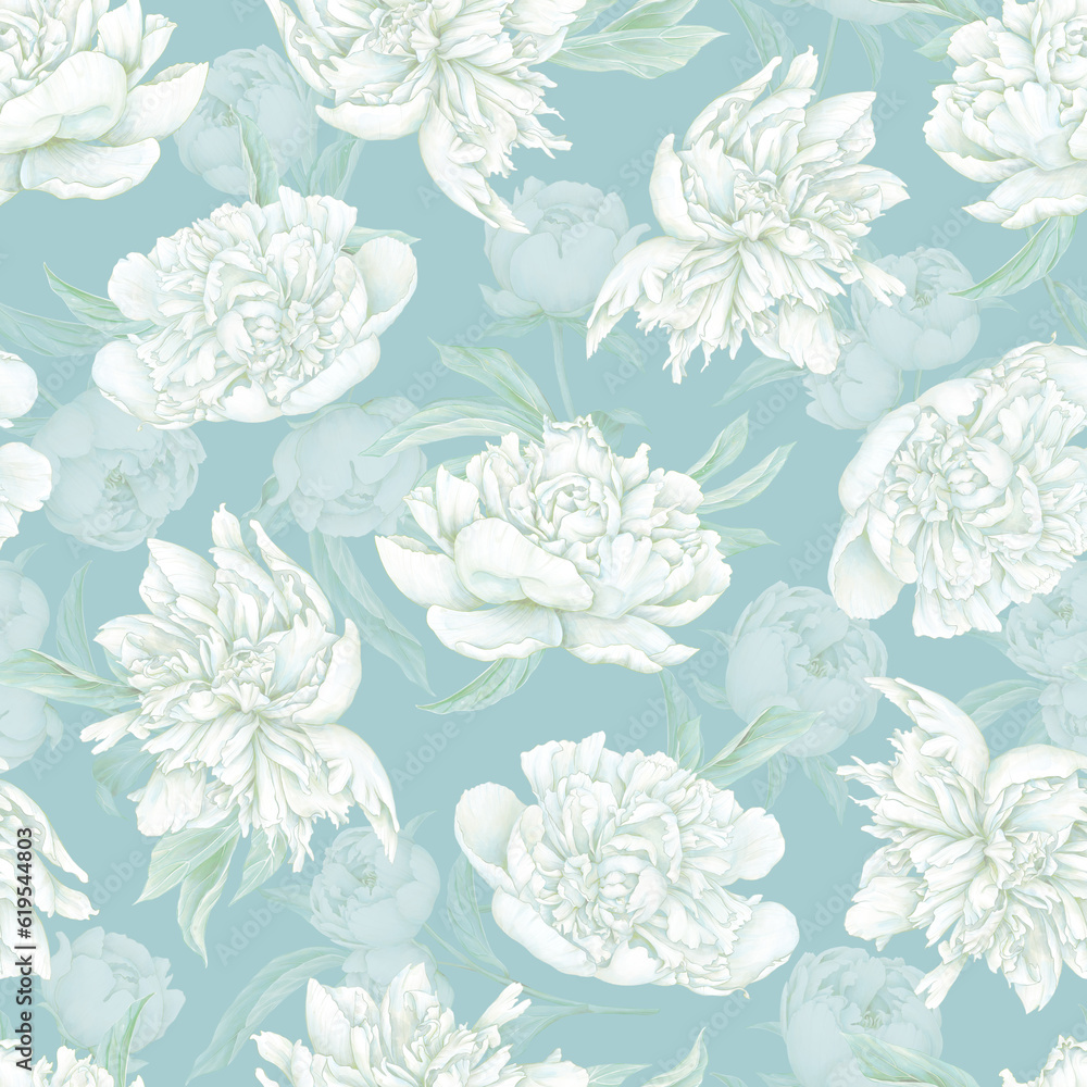 Fototapeta premium White pastel peony seamless pattern. Hand drawn blooming flowers on blue background. Soft tones