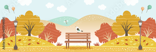 秋の紅葉と公園のベンチにとまる小鳥 自然の風景イラスト photo
