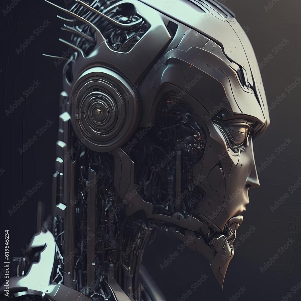 Fototapeta premium Futuristic cyborg head side view. 3D rendering. AI generated