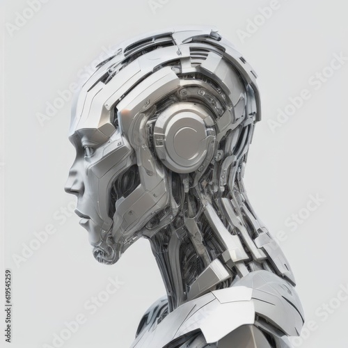 Futuristic cyborg head side view. 3D rendering. AI generated
