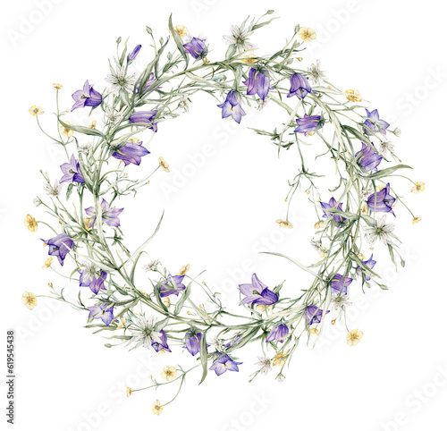 Wreath of yellow, white, blue, violet flower meadow, forest flowers. Buttercup, stellaria holostea, bluebell, bellflower .Watercolor hand painting illustration on isolate. , circlet of flowers