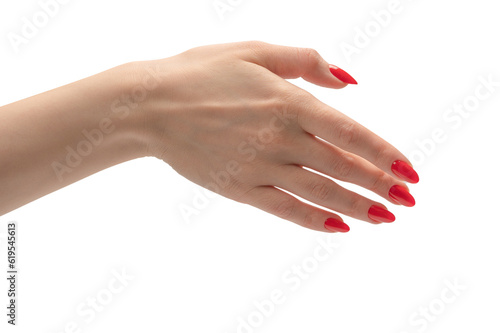 Closeup of female hand with pale skin and red nails pointing or touching.