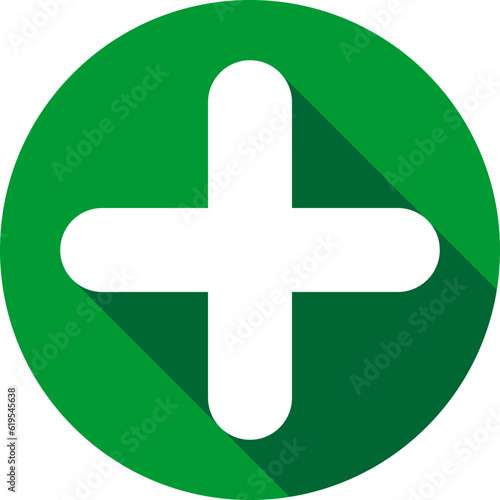 Green plus sign. Vector icon. Cross symbol of safety guidance.