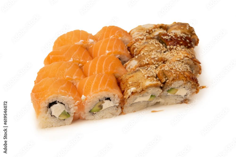 Sushi with cream cheese, eel and salmon isolated on white background. Sushi with cream cheese, eel and salmon isolated on white background.
