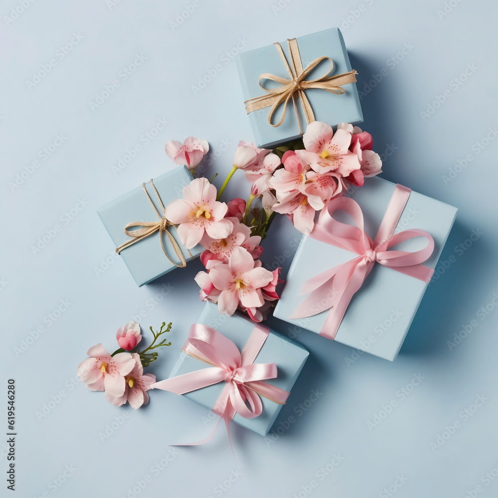 Flowers composition. Frame made of white lily flowers and gift box on colered background. Flat lay, top view, copy space Flowers composition. Frame made of white lily flowers and gift box on colered background. Flat lay, top view, copy space