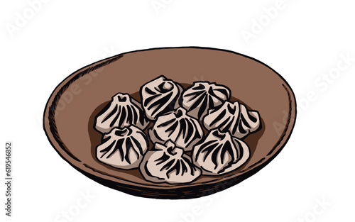 Vector color illustration of khinkali on a palte, food illustration on white background. Graphical element for caffe banner design