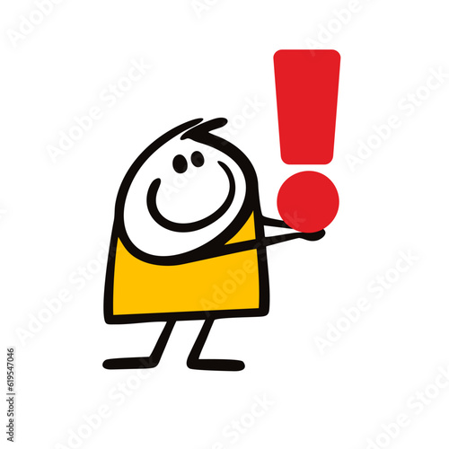 Cute, friendly assistant stickman holds an exclamation mark. Vector illustration for drawing attention to important information, rules.