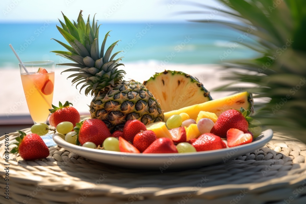 Pineapple, strawberry and tropical fruits on a plate in a beach restaurant generative ai Pineapple, strawberry and tropical fruits on a plate in a beach restaurant generative ai