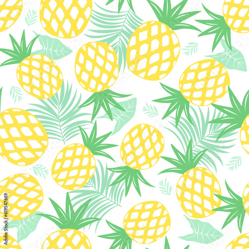 Seamless pineapple with tropical leaves. Summer print
