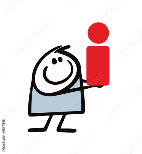 Funny stickman holding letter i in rising hands. Vector illustration to attract attention to useful information.