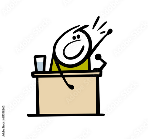 The formidable speaker dictator shouts into the microphone from the podium. Vector illustration of political agitation.