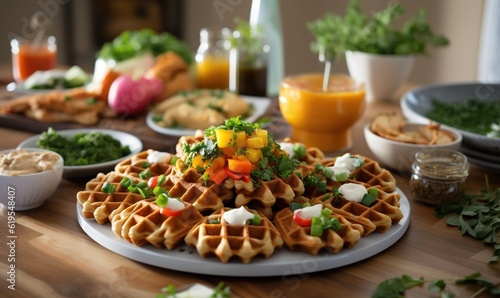  a plate of waffles on a table with other plates of food.  generative ai