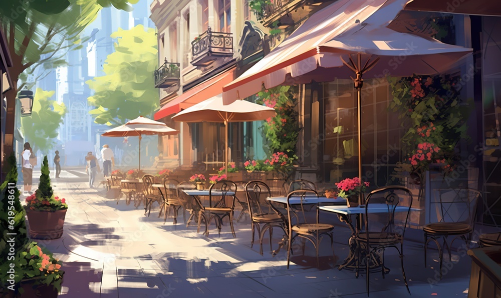  a painting of an outdoor cafe with tables and umbrellas.  generative ai