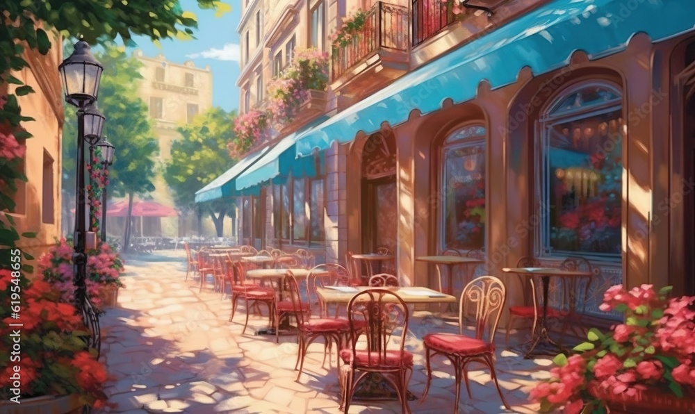 Fototapeta premium a painting of a street with tables and chairs on it. generative ai