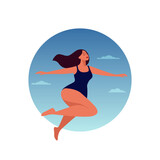 Vector Flying, Soaring Happy Woman in a Jump on a Sky Background with Clouds. Womens Health, Feminine Menstrual Cycle, Hygiene, Happiness, Feminism Concept Banner