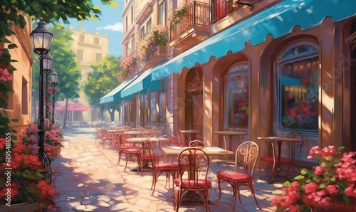  a painting of a street with tables and chairs on it. generative ai
