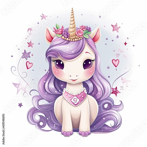 Fairytale unicorn. Print with cute unicorn and flowers. Unicorn girl with long hair.
