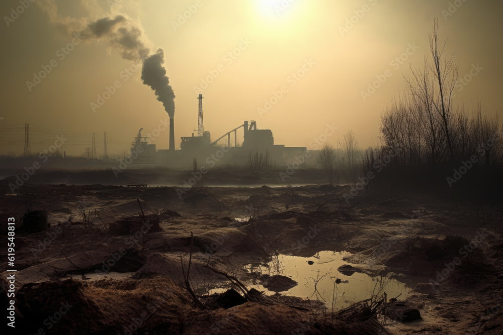 Environmental pollution, a large industrial enterprise pollutes the air with emissions into the atmosphere, AI Generated
