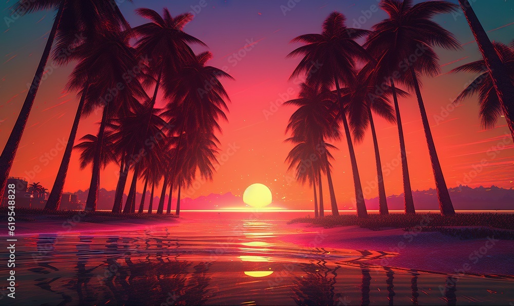  a painting of a sunset with palm trees and the sun setting.  generative ai