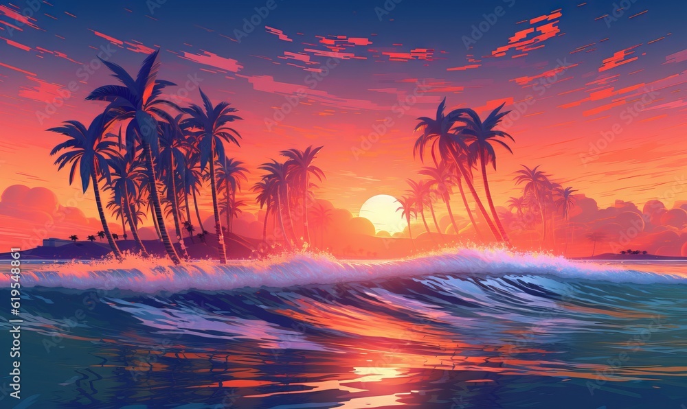  a painting of a sunset with palm trees and a wave.  generative ai