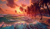  a painting of palm trees on a beach at sunset with waves.  generative ai