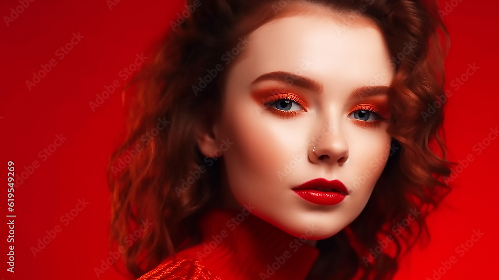 Portrait of a beautiful girl model with bright makeup on a red background, generative ai tools