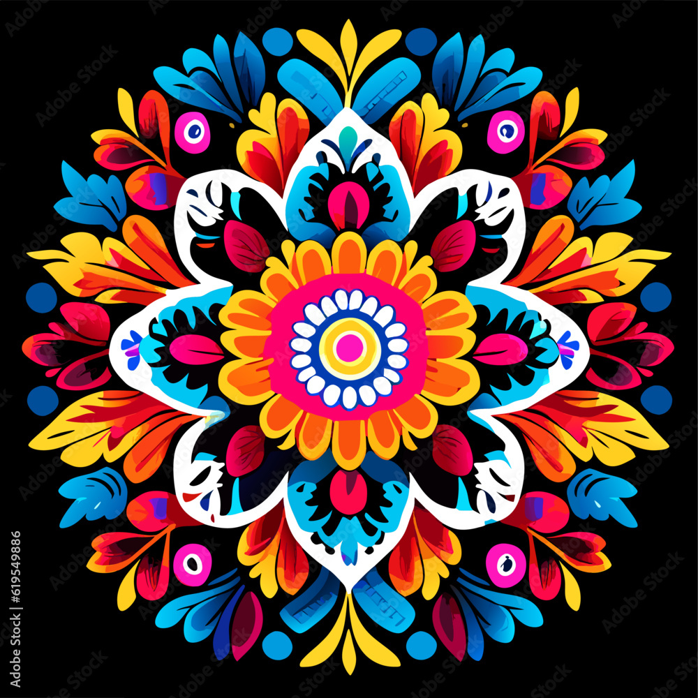 Mexican traditional flower pattern on black background
