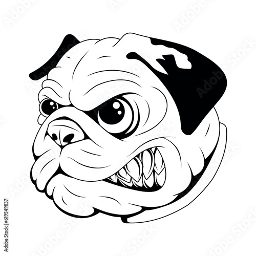 Pug. Vector illustration of a sketch cute dog. Angry pug head mascot. Pet animal.