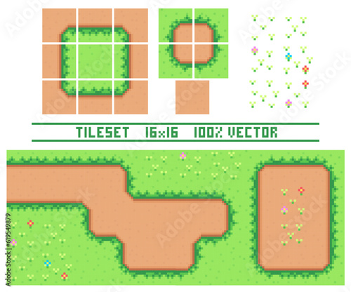 Pixel art tile set for 2d top-down retro game. A set of ground tiles with grass for platformer. Location and landscape constructor. The resolution of the block is 16 x 16 pixels.