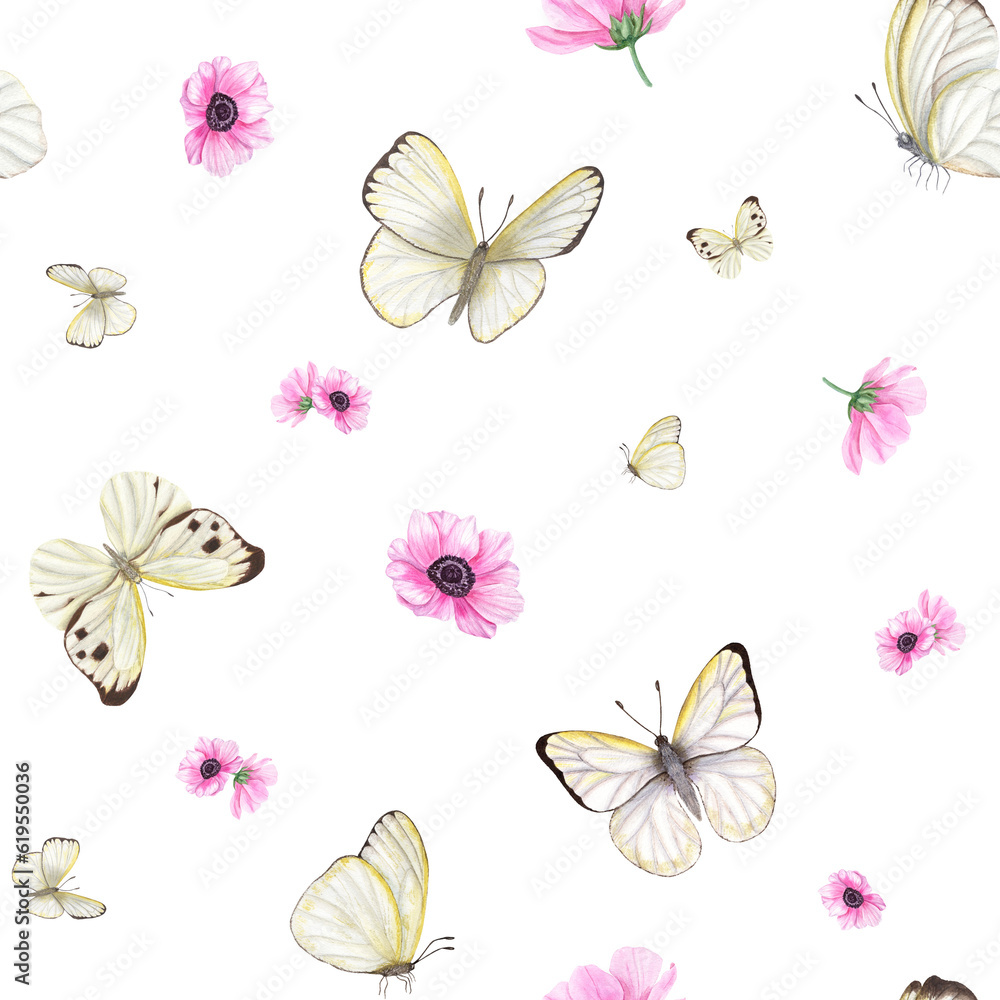 Flying white butterflies among pink anemone flowers isolated on white background. Cabbage butterflies. Watercolor seamless pattern. For prints, fabric, textile, scrapbooking, wrapping. Flying white butterflies among pink anemone flowers isolated on white background. Cabbage butterflies. Watercolor seamless pattern. For prints, fabric, textile, scrapbooking, wrapping.