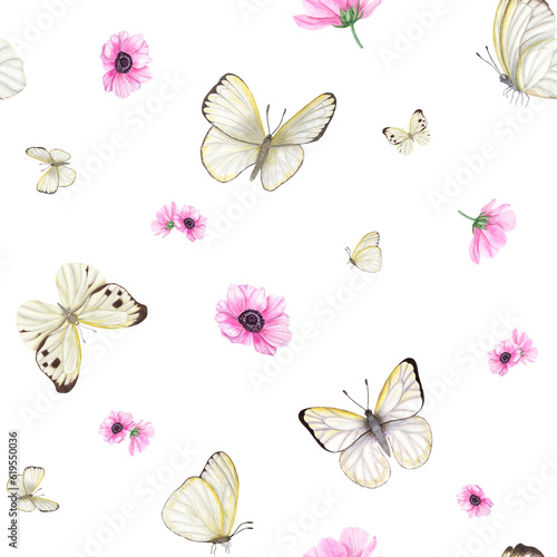 Flying white butterflies among pink anemone flowers isolated on white background. Cabbage butterflies. Watercolor seamless pattern. For prints, fabric, textile, scrapbooking, wrapping.