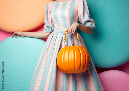 A beautiful woman carries a pumpkin as a fashion bag against a pastel background. Minimal thanksgiving day fashion concept