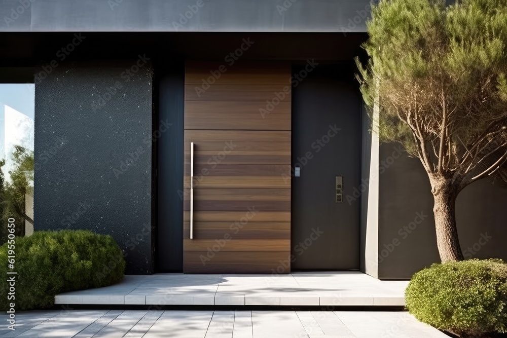 Modern entrance door by wooden for a truly elegant look. Generative AI Technology Modern entrance door by wooden for a truly elegant look. Generative AI Technology