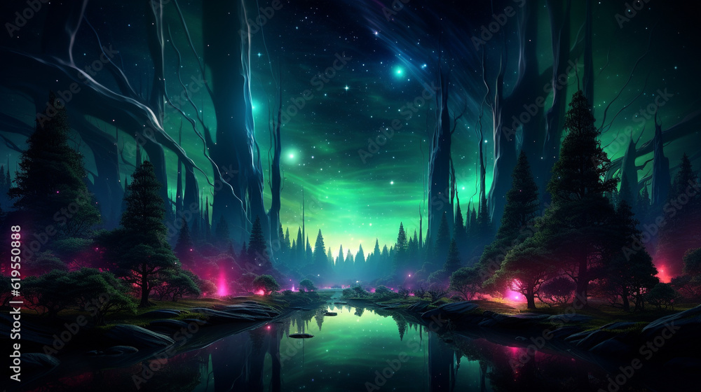 Fantasy landscape with forest, river and milky way