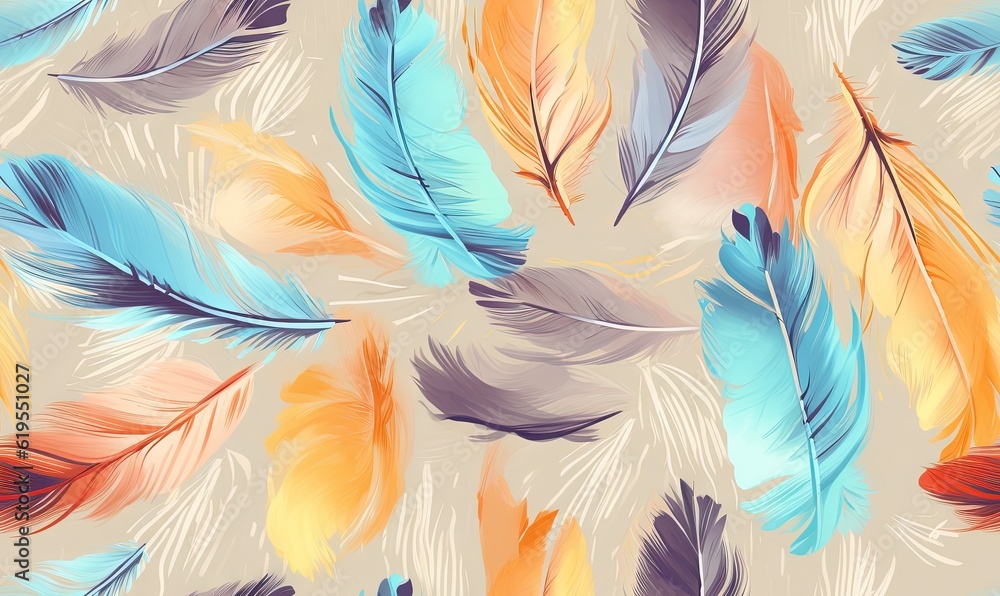 a pattern of colorful feathers on a beige background with a blue, orange, and pink feather pattern. generative ai a pattern of colorful feathers on a beige background with a blue, orange, and pink feather pattern. generative ai