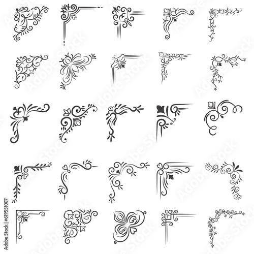 Vector illustration of decorative corner frame set. Set Hand Draw of Corners Different Shapes Flower Decoration Vector Design Doodle Sketch Style For Wedding And Banner